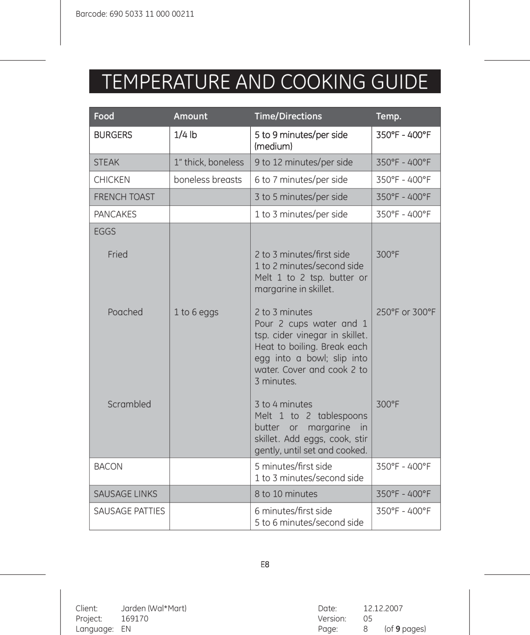 GE 681131691703 manual Temperature And Cooking Guide, Food, Amount, Time/Directions 