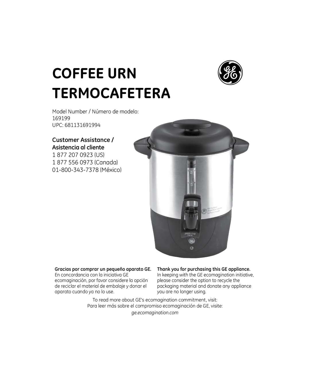 GE 681131691994 manual Coffee URN termocafetera 