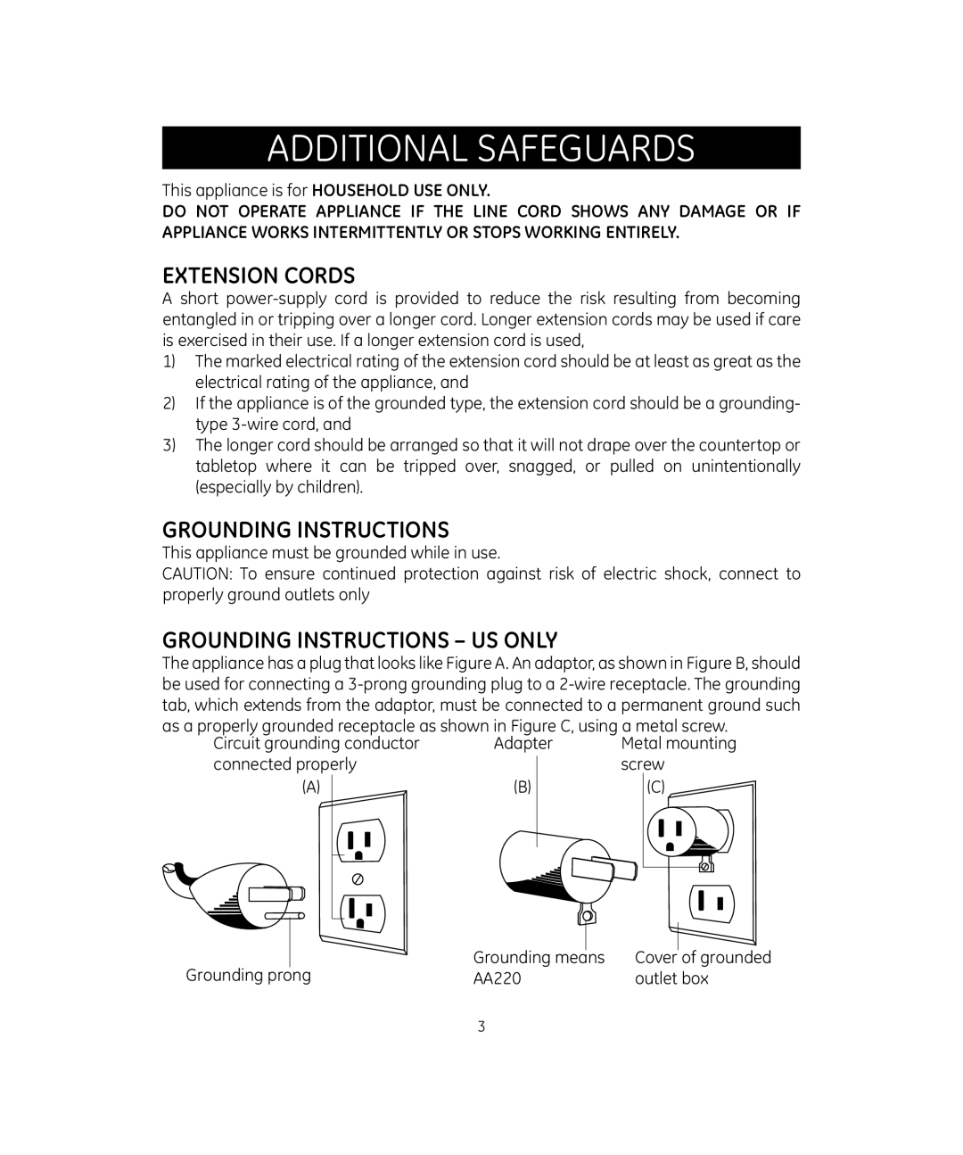 GE 681131691994 manual Additional Safeguards, Extension Cords 