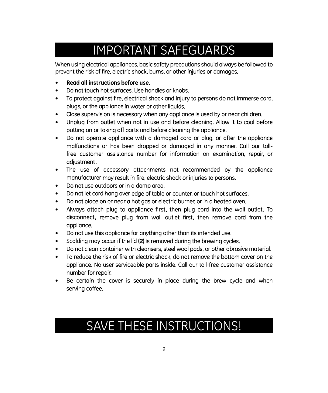 GE 681131691994 manual Important Safeguards, Save these instructions, Read all instructions before use 