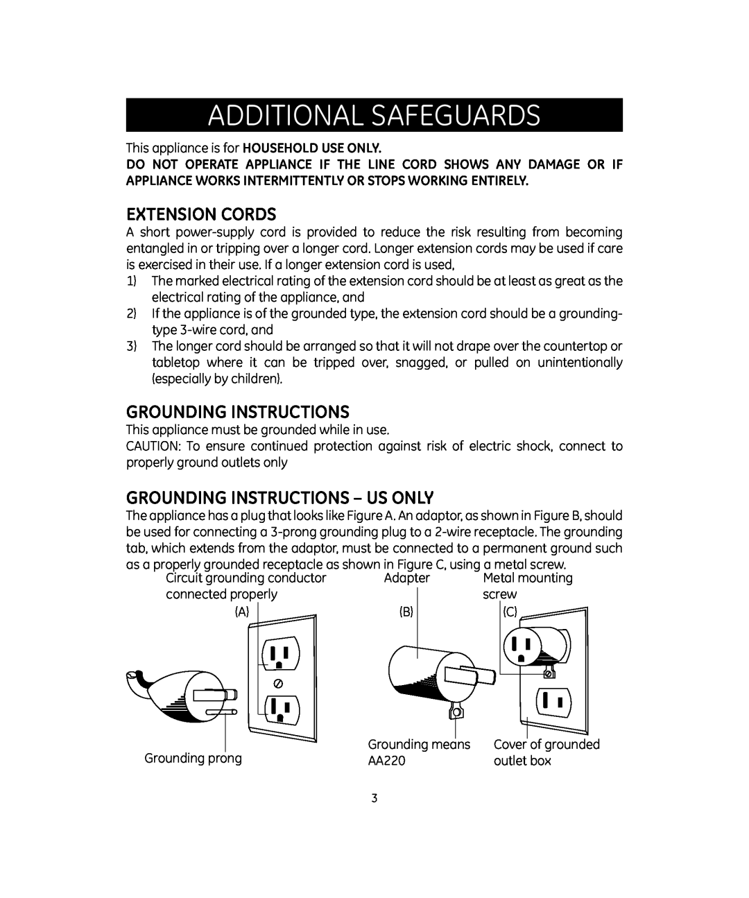 GE 681131691994 manual Additional Safeguards, Extension Cords, Grounding Instructions - Us Only 