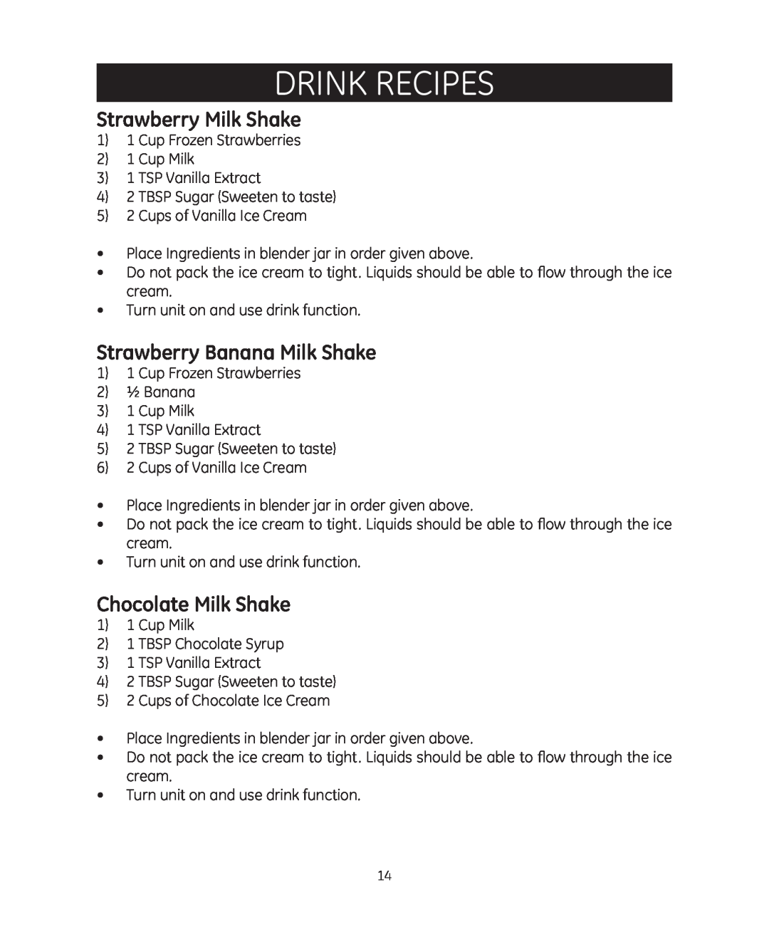 GE 681131692021 manual Strawberry Milk Shake, Strawberry Banana Milk Shake, Chocolate Milk Shake, Drink RECIPES 