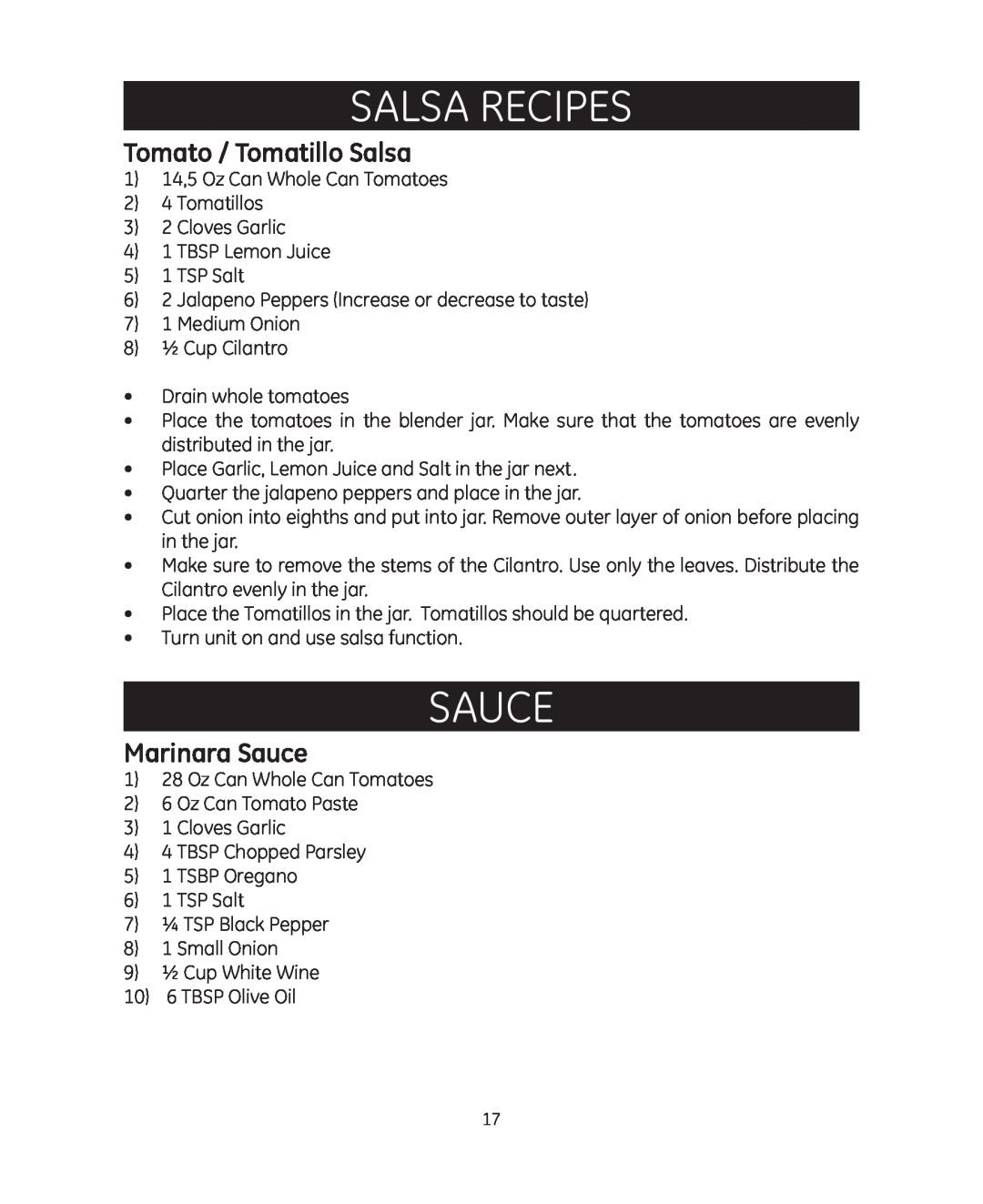 GE 681131692021 manual Tomato / Tomatillo Salsa, Marinara Sauce, Salsa Recipes 