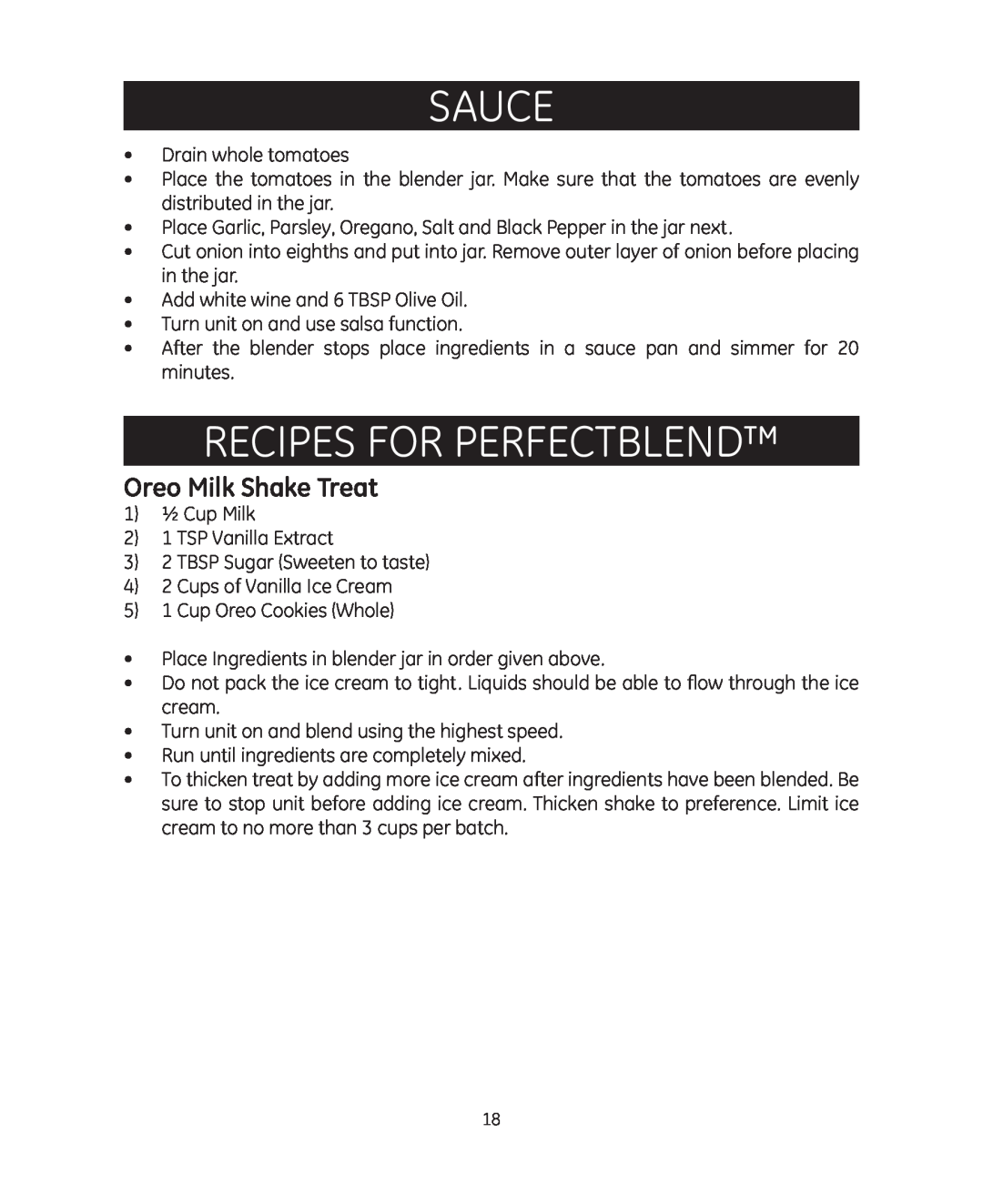 GE 681131692021 manual Recipes for PerfectBlend, Oreo Milk Shake Treat, Sauce 