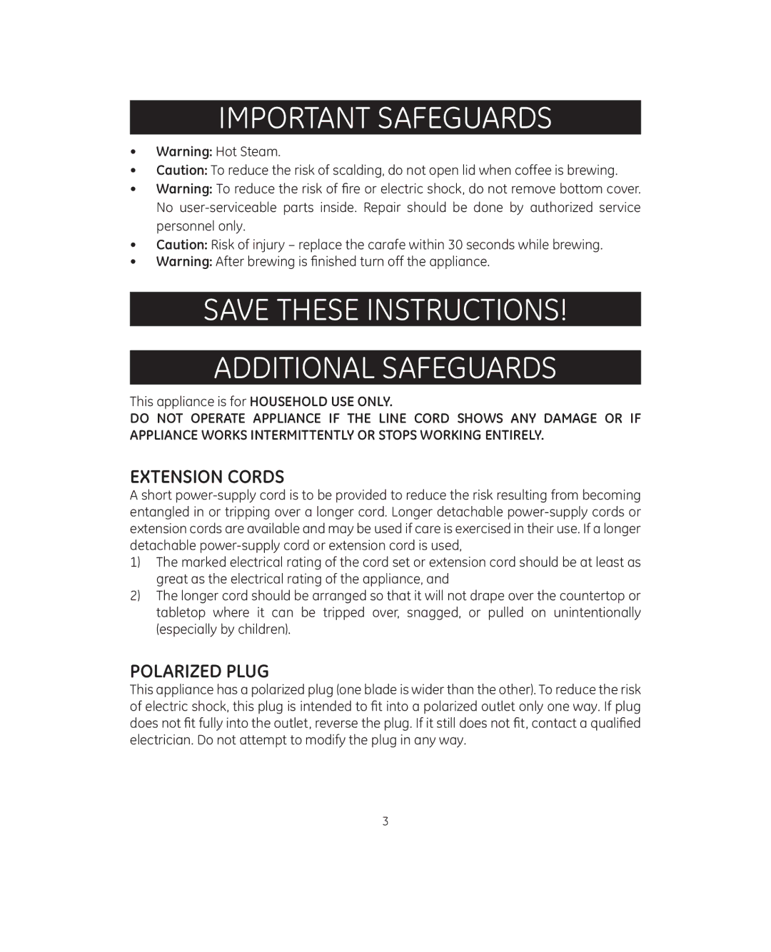 GE 681131692083 manual Additional Safeguards, Extension Cords 