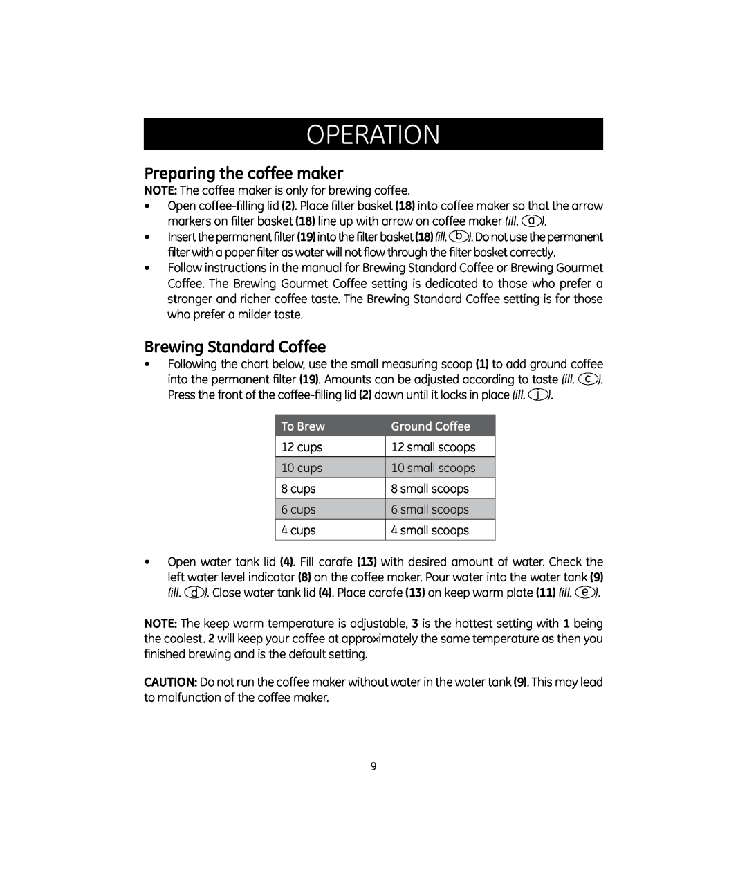 GE 681131692090, GE 169209 manual Preparing the coffee maker, Brewing Standard Coffee, To Brew, Ground Coffee, operation 