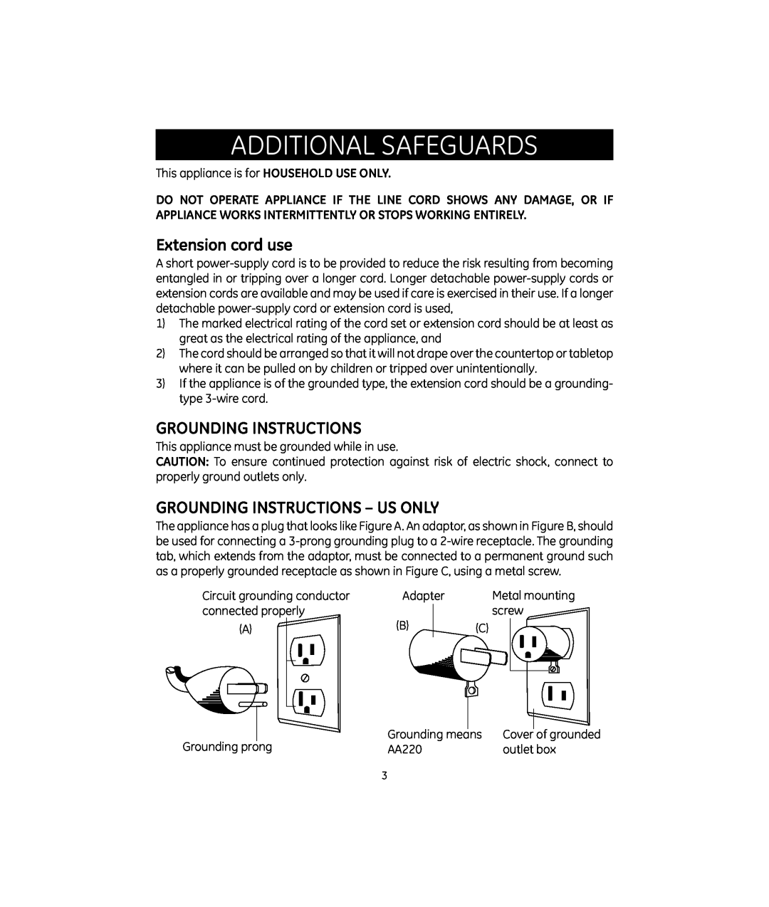 GE 681131692106 manual Additional Safeguards, Extension cord use, Grounding Instructions - Us Only 