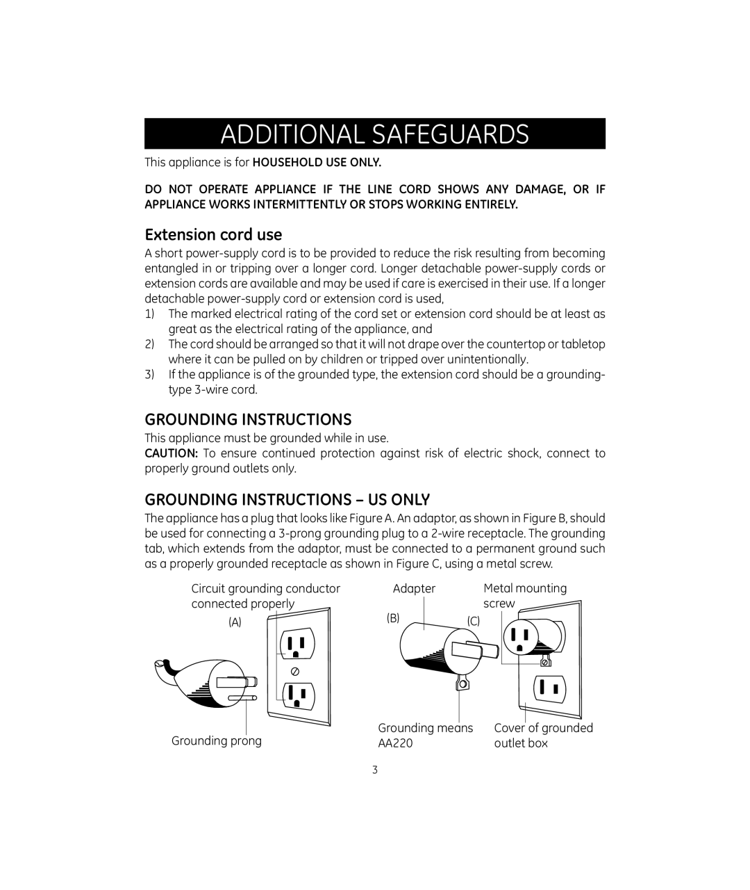 GE 681131692113, 169235 manual Additional Safeguards, Extension cord use 