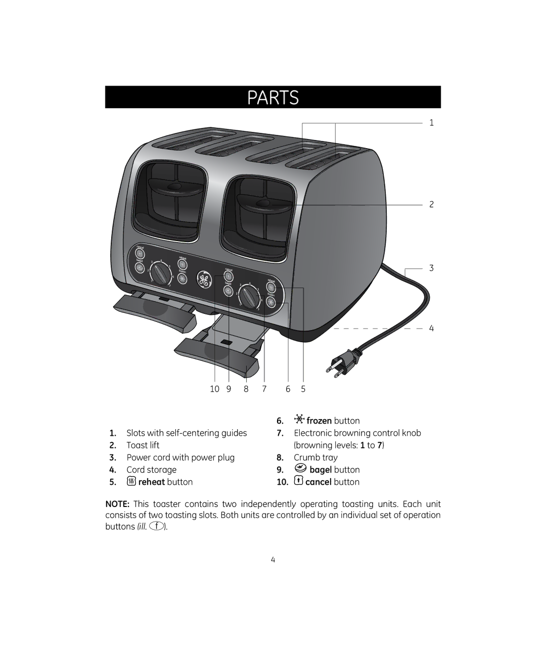 GE 169235, 681131692113 manual Parts, Frozen button, Bagel button, Reheat button Cancel button 