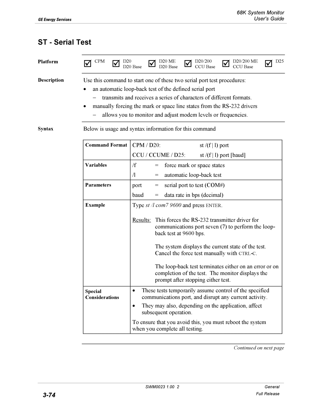 GE 68K System manual ST Serial Test 