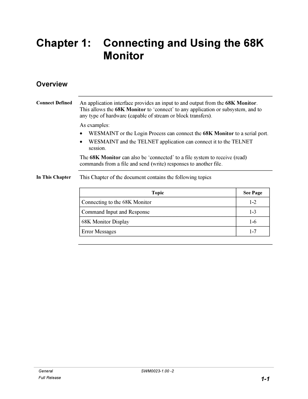 GE 68K System manual Connecting and Using the 68K Monitor 