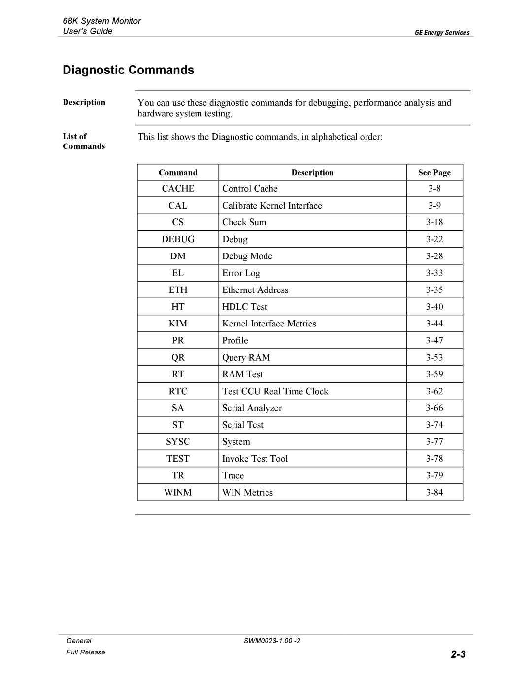 GE 68K System manual Diagnostic Commands, Cal 