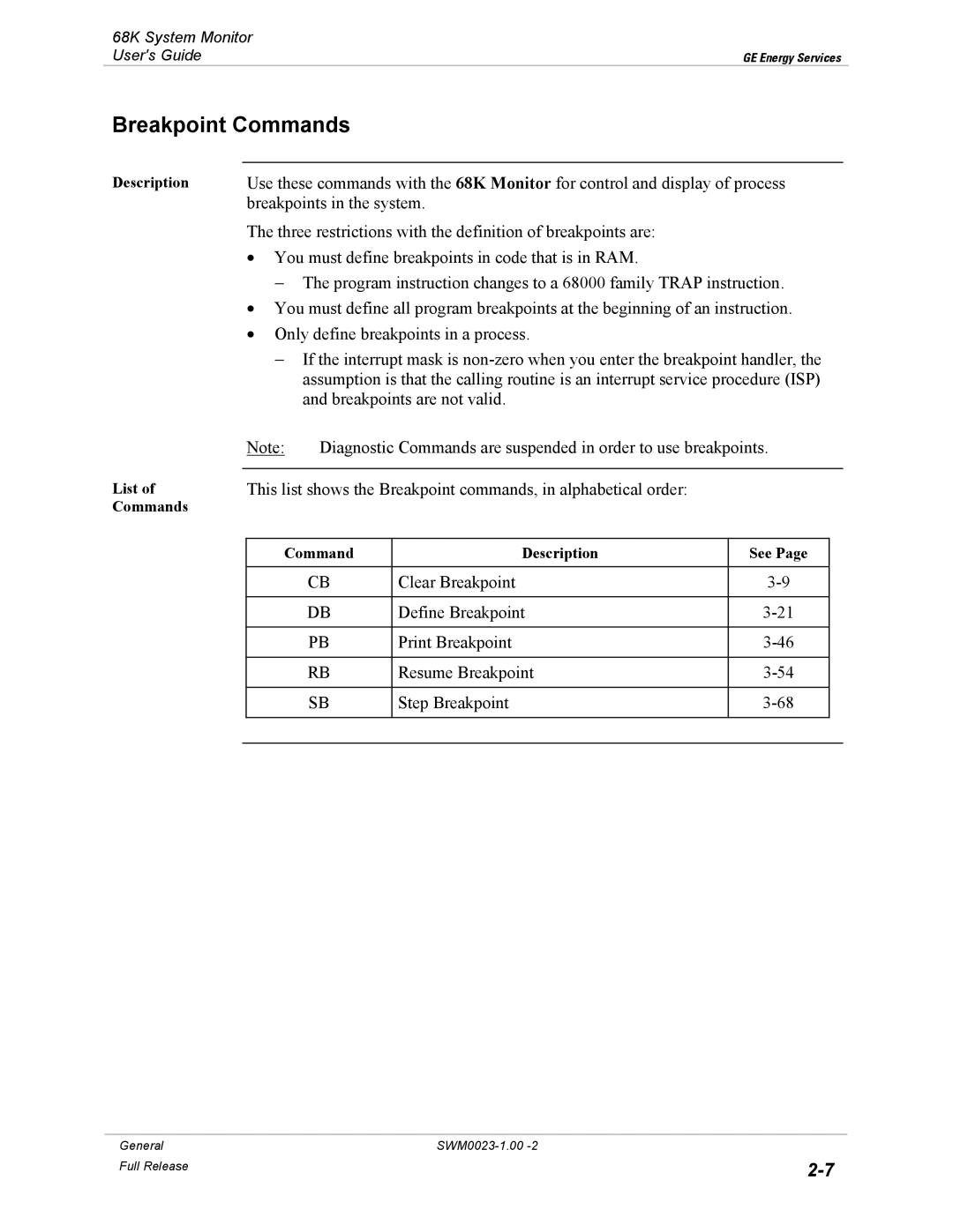 GE 68K System manual Breakpoint Commands 