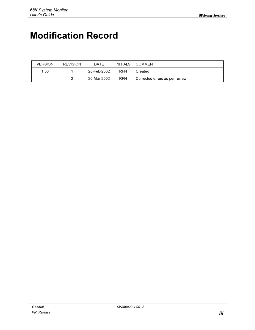 GE 68K System manual Modification Record 