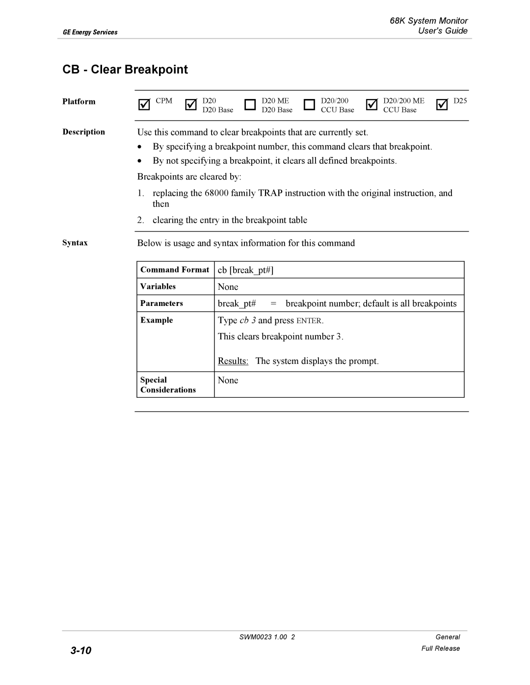 GE 68K System manual CB Clear Breakpoint 