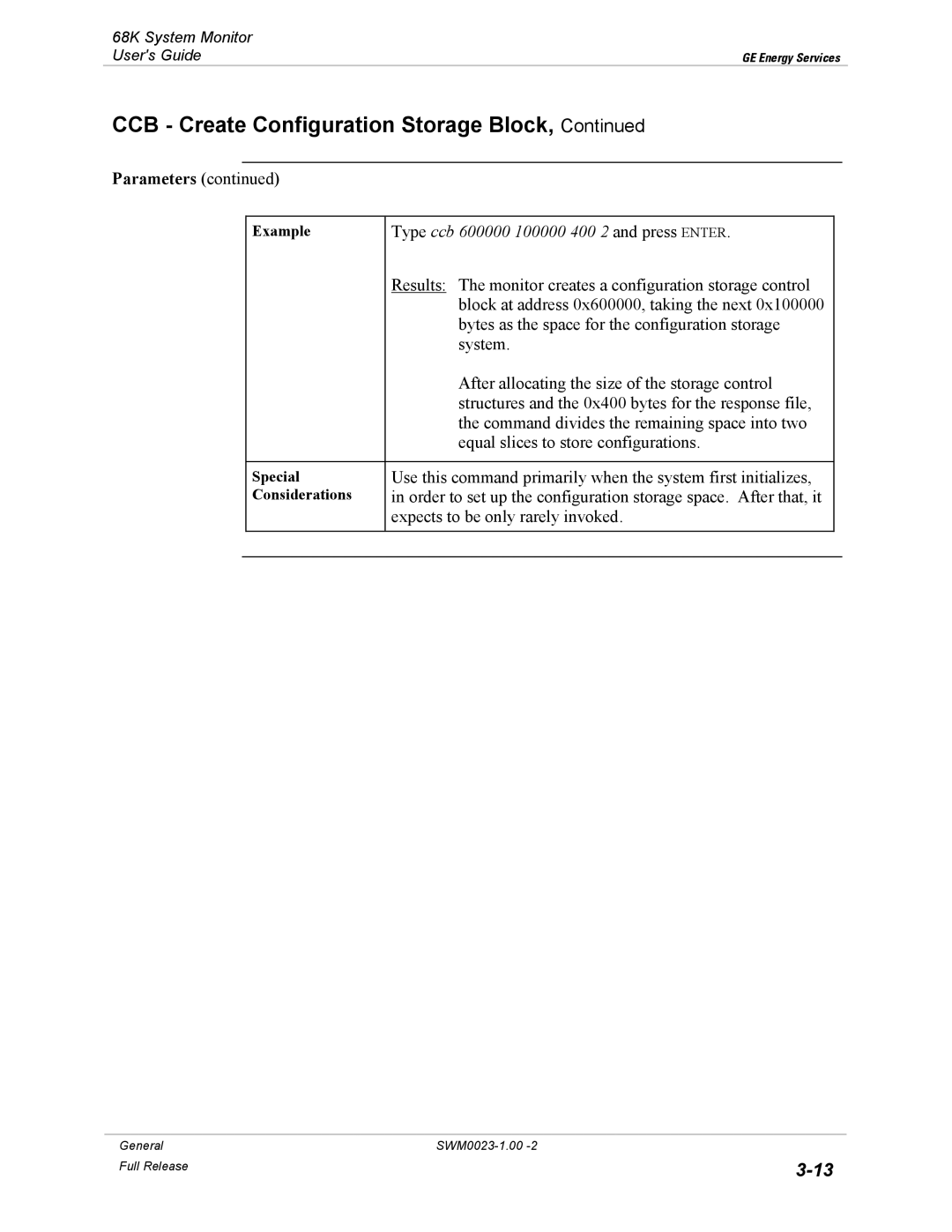 GE 68K System manual Parameters, Type ccb 600000 100000 400 2 and press Enter 