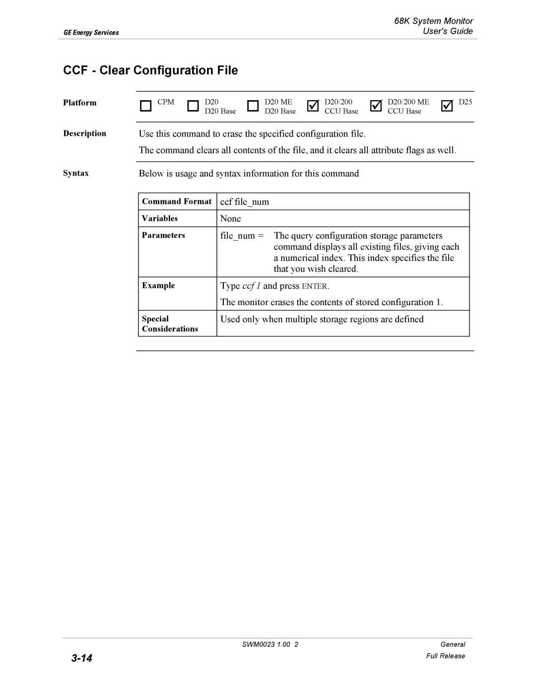 GE 68K System manual CCF Clear Configuration File, Used only when multiple storage regions are defined 