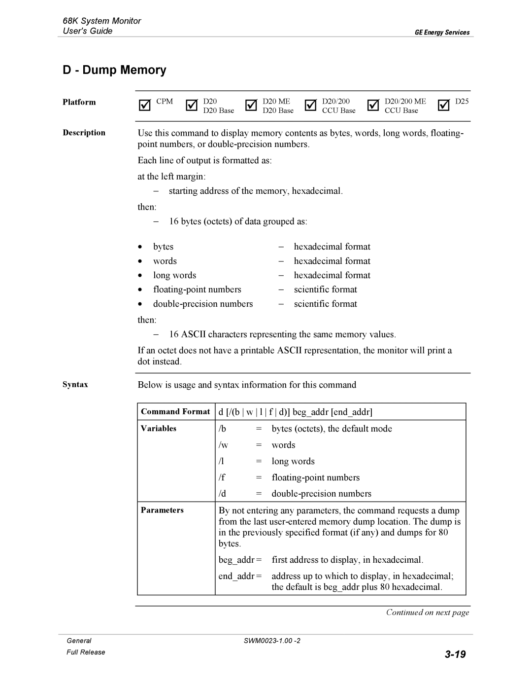 GE 68K System manual Dump Memory 