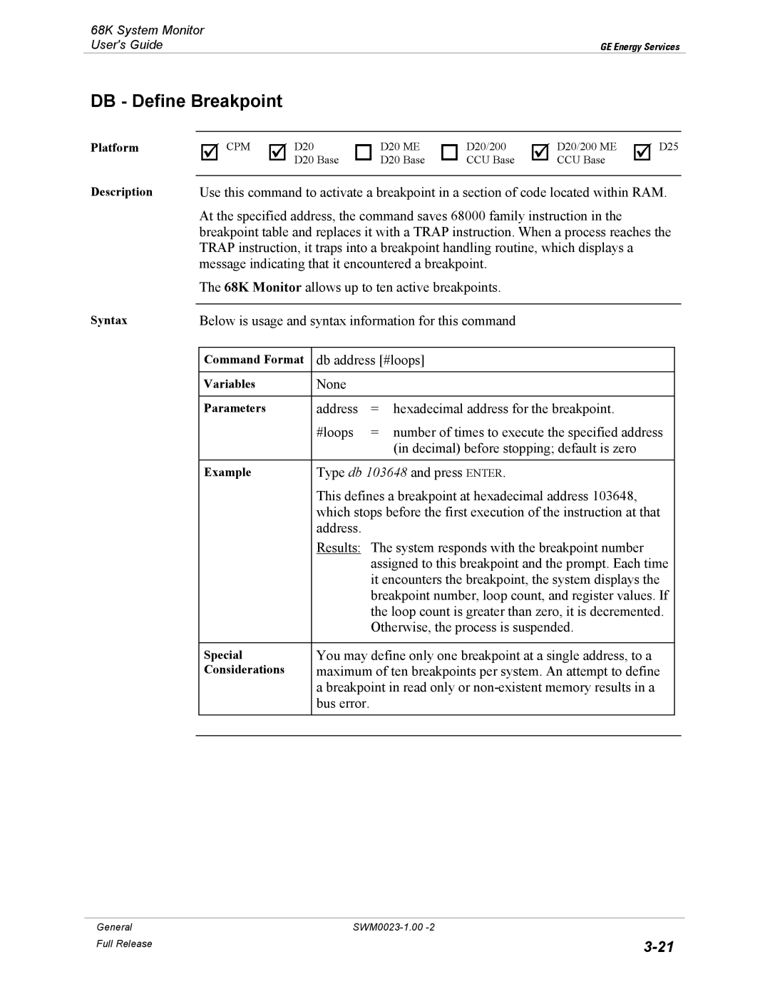 GE 68K System manual DB Define Breakpoint 