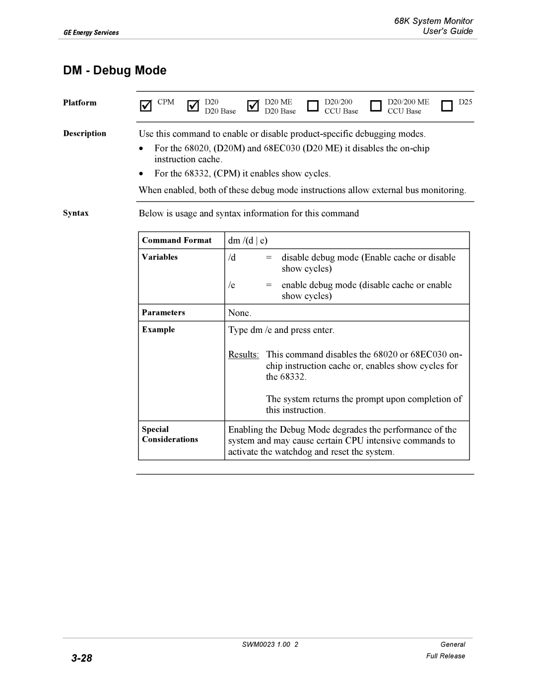 GE 68K System manual DM Debug Mode 