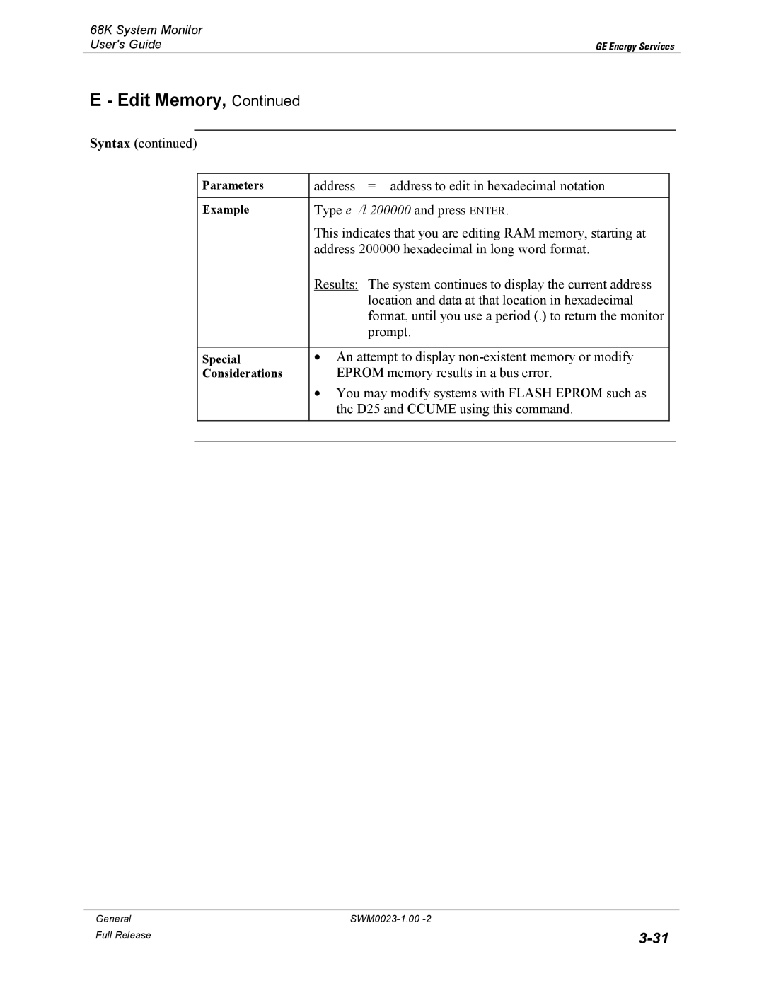 GE 68K System manual Address = address to edit in hexadecimal notation 