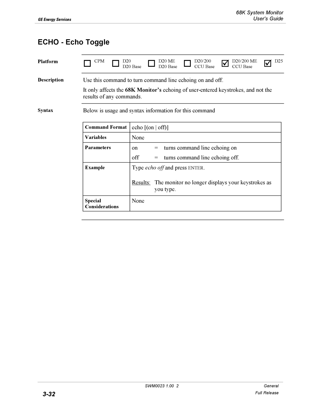 GE 68K System manual Echo Echo Toggle 