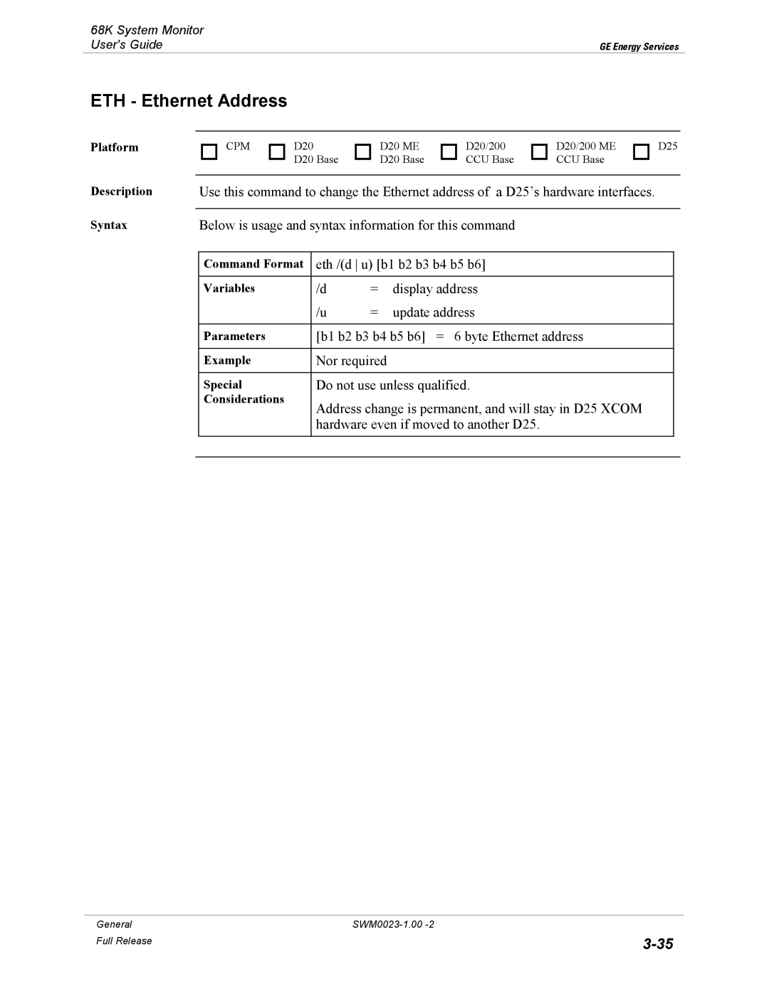 GE 68K System manual ETH Ethernet Address 