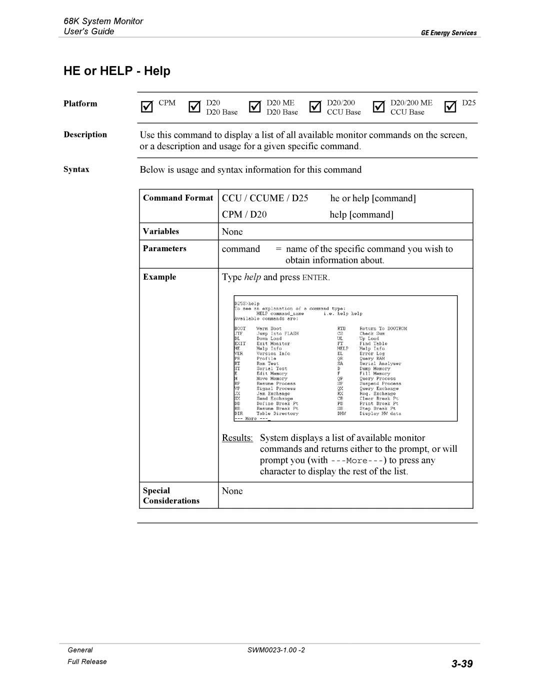 GE 68K System manual HE or Help Help, CCU / Ccume / D25 