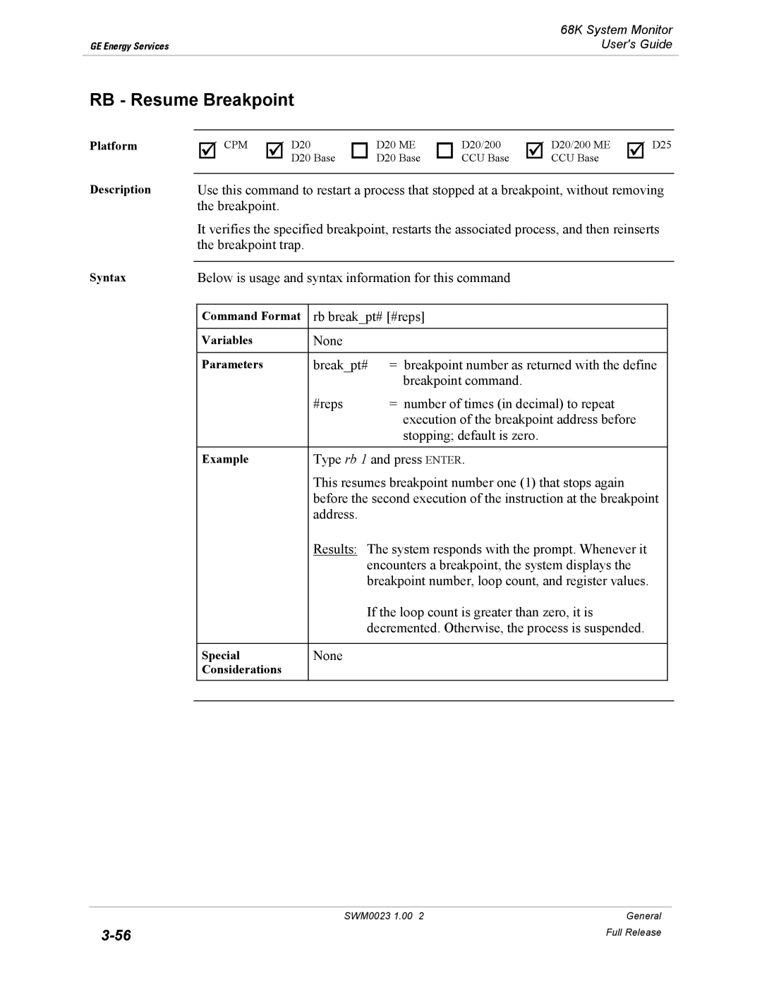 GE 68K System manual RB Resume Breakpoint 