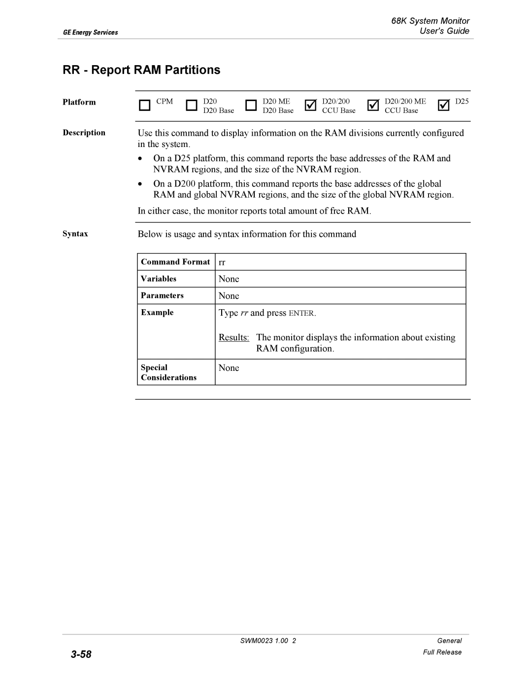 GE 68K System manual RR Report RAM Partitions 