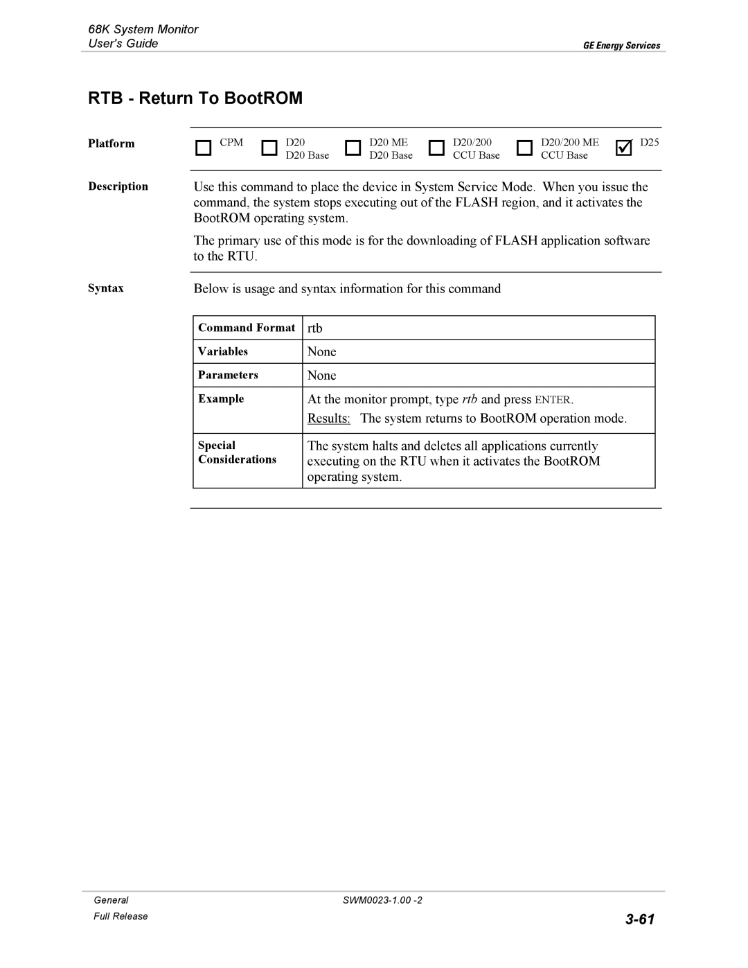 GE 68K System manual RTB Return To BootROM 