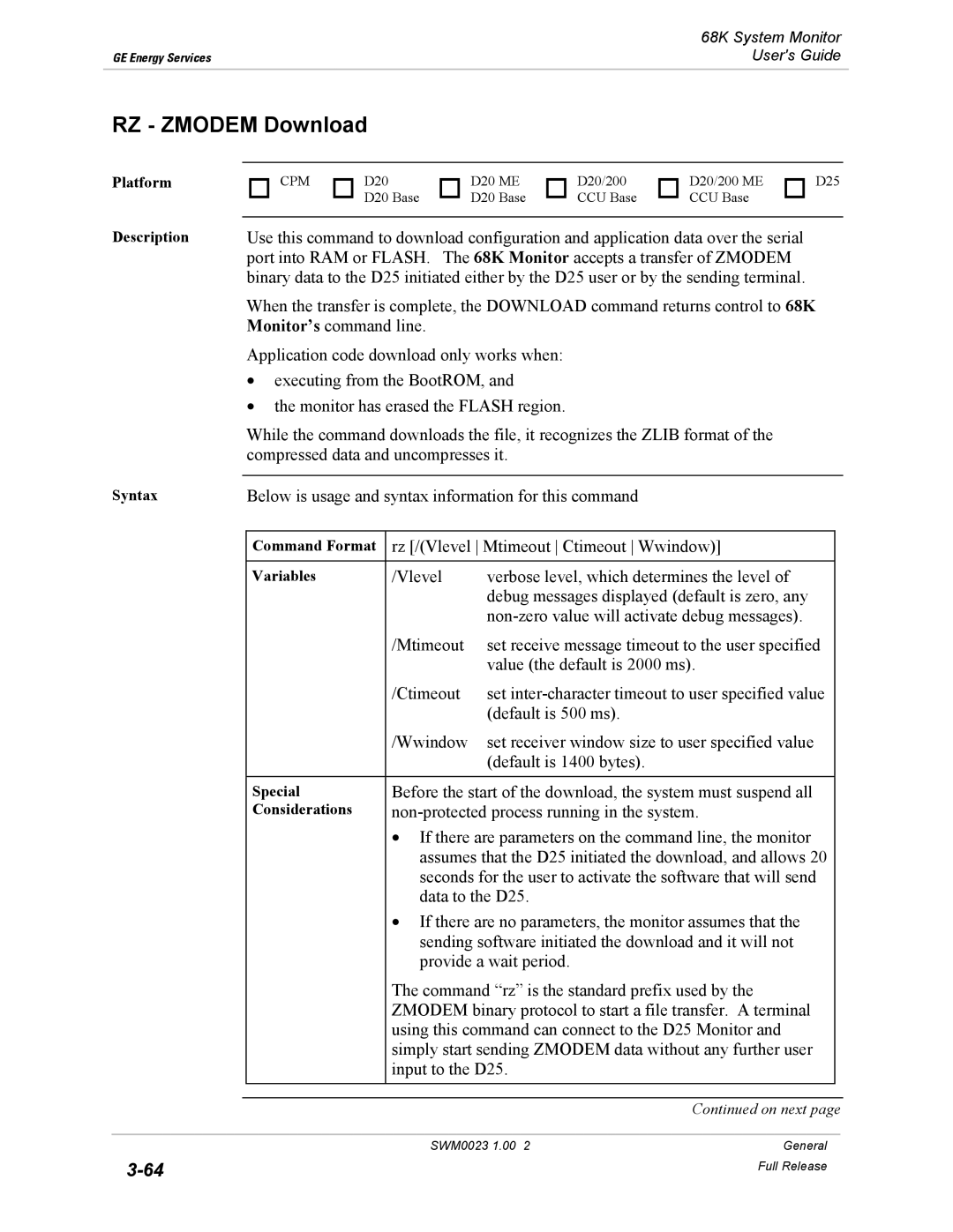 GE 68K System manual RZ Zmodem Download 