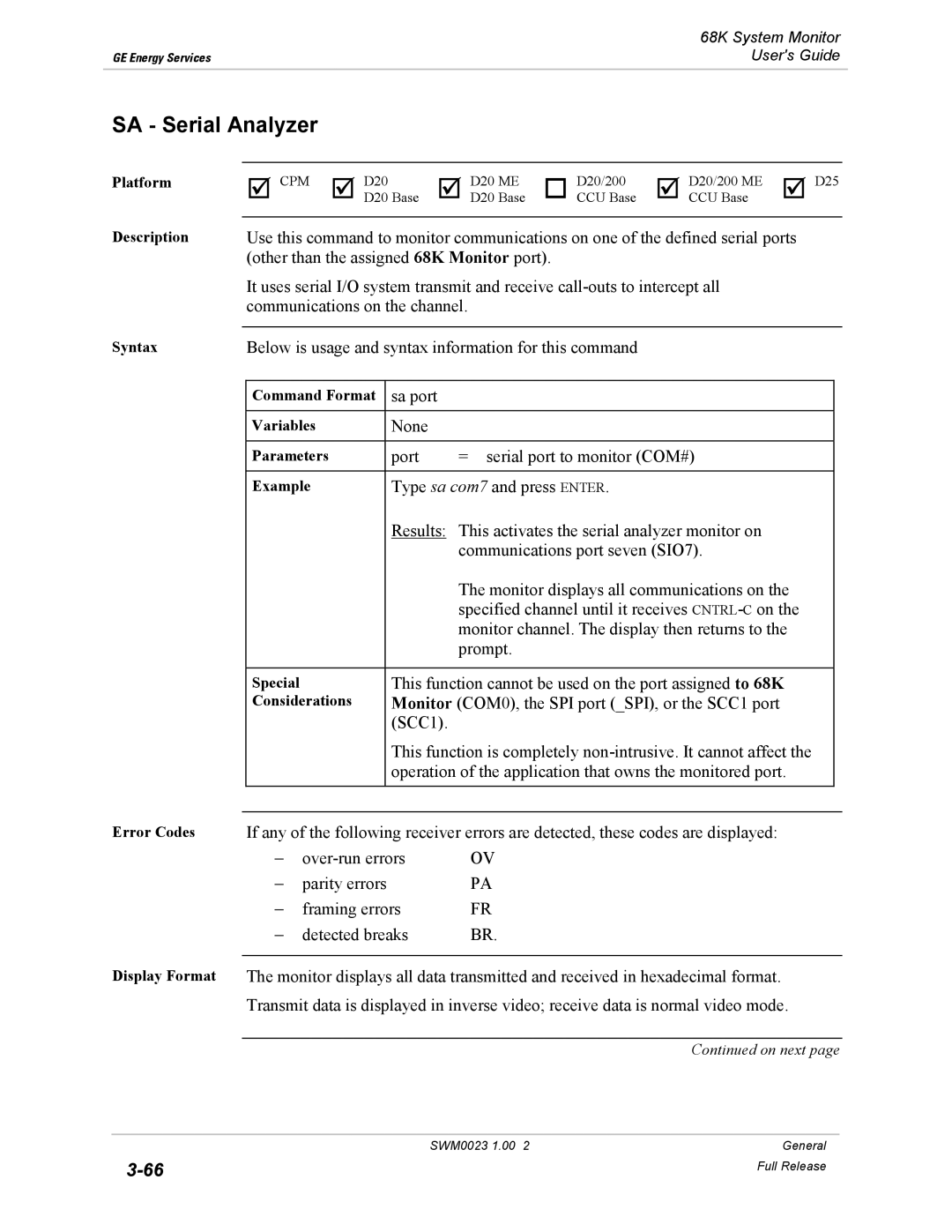 GE 68K System manual SA Serial Analyzer 