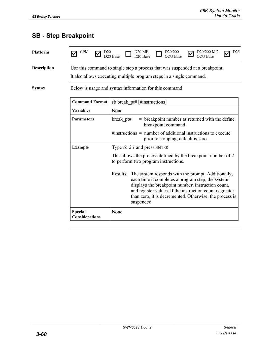 GE 68K System manual SB Step Breakpoint 