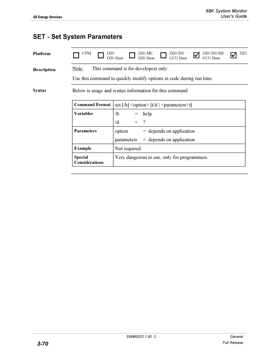 GE 68K System manual SET Set System Parameters, Very dangerous to use, only for programmers 