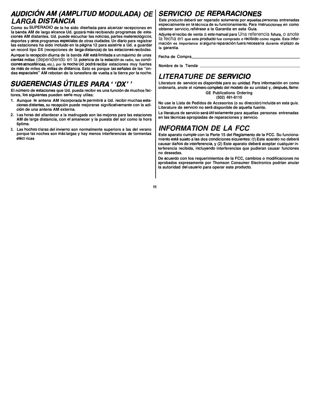 GE 7-2867 SERV/CIO DE Reparaciones, Literature DE Servicio, Information DE LA FCC, Fecha de Compra Nombre de la .Tienda 