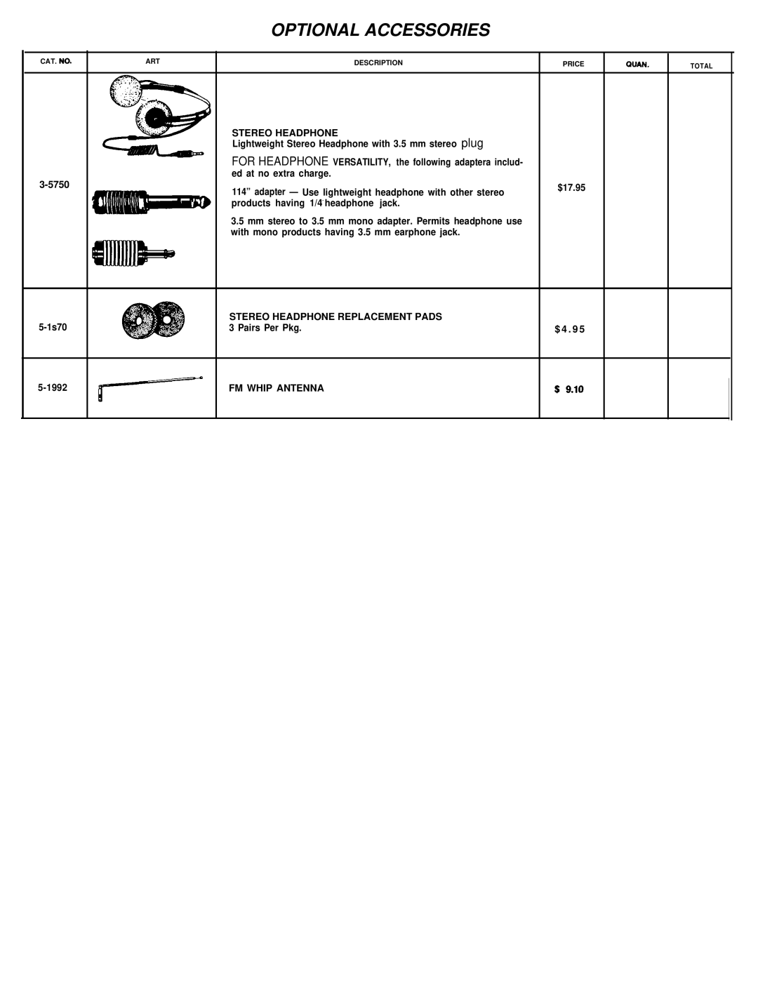 GE 7-2867 manual Optional Accessories, Stereo Headphone, FM Whip Antenna 