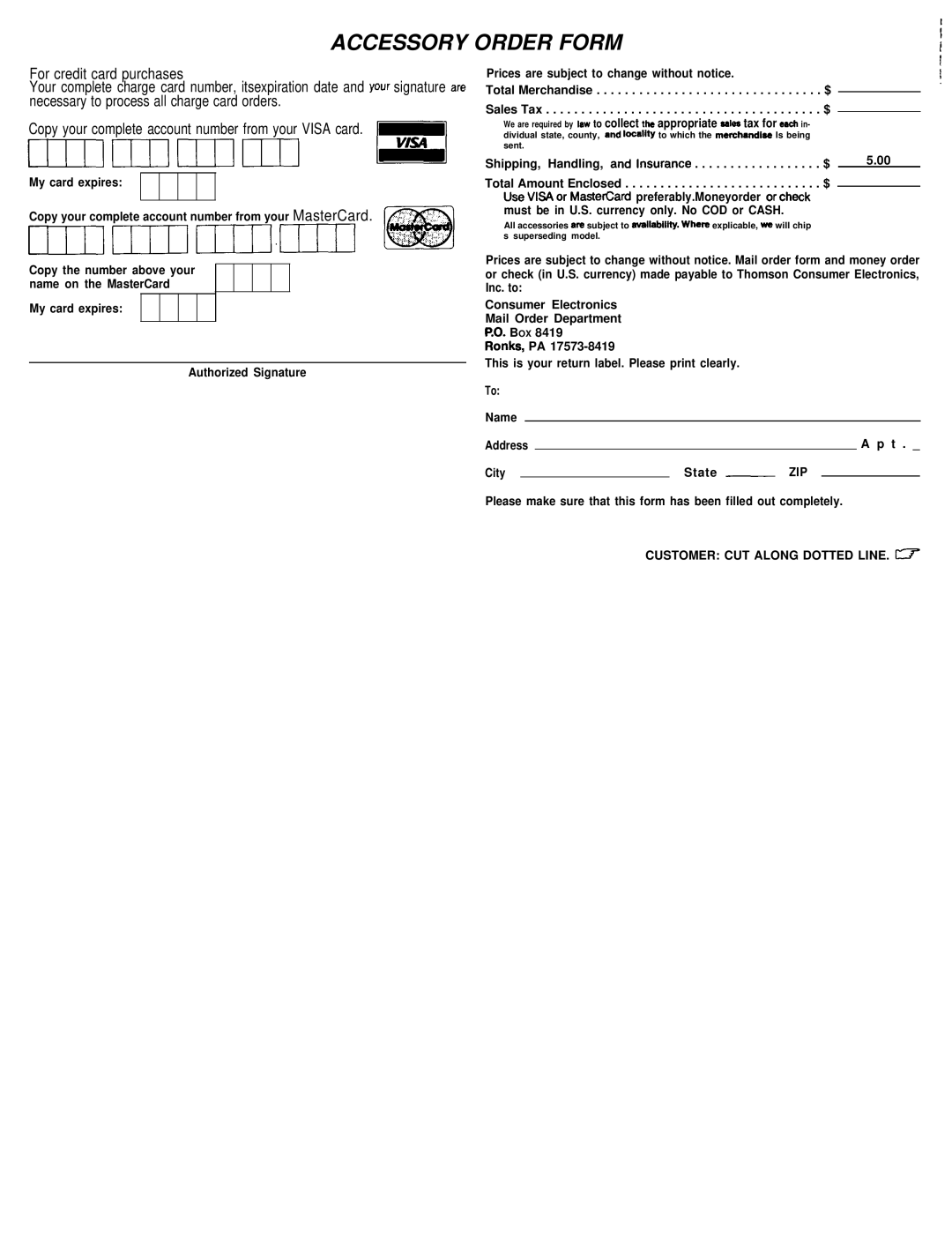 GE 7-2867 manual Accessory Order Form, Customer CUT Along Dotted LINE. ~ 