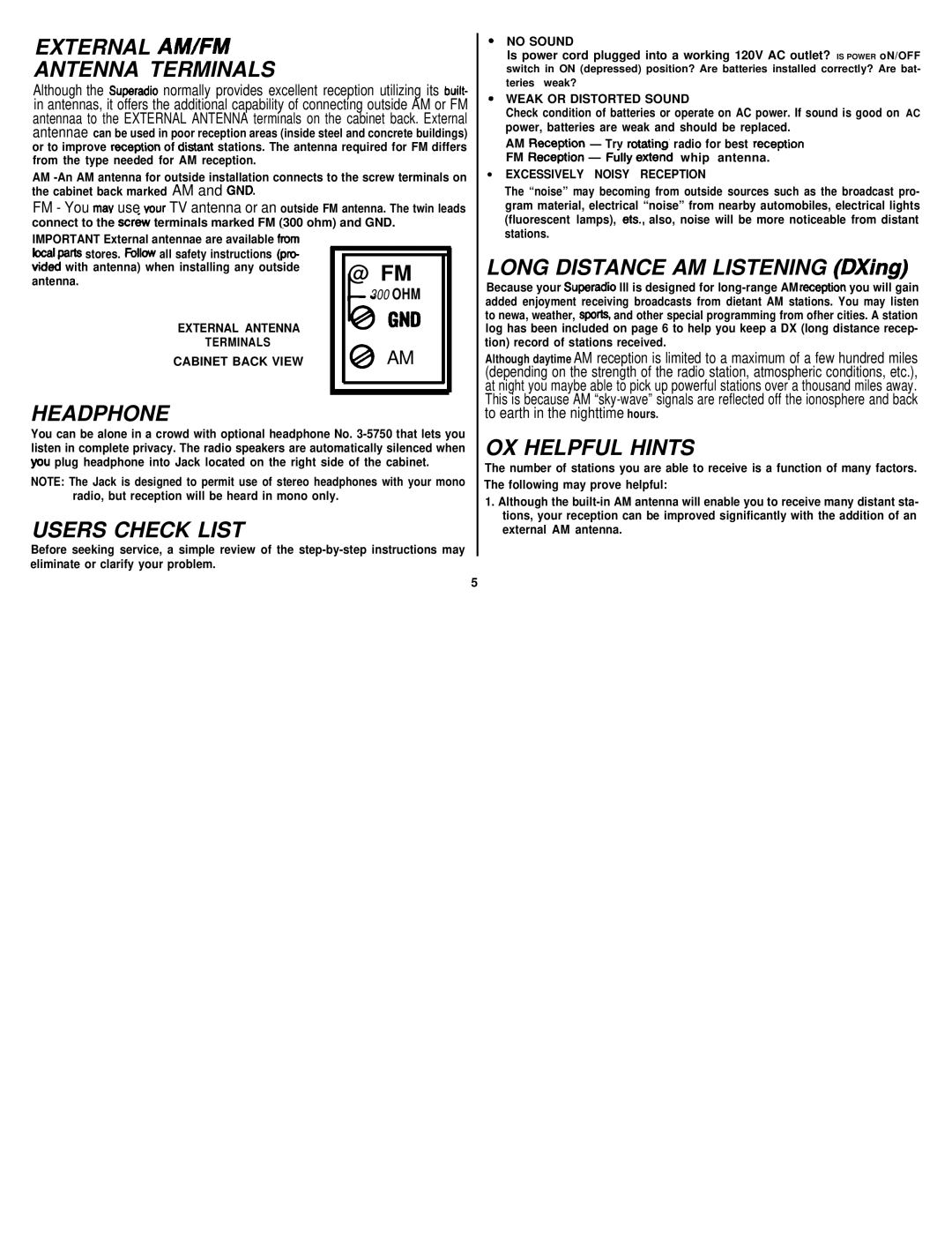 GE 7-2867 manual External Amifm Antenna Terminals, Headphone, Users Check List, OX Helpful Hints 