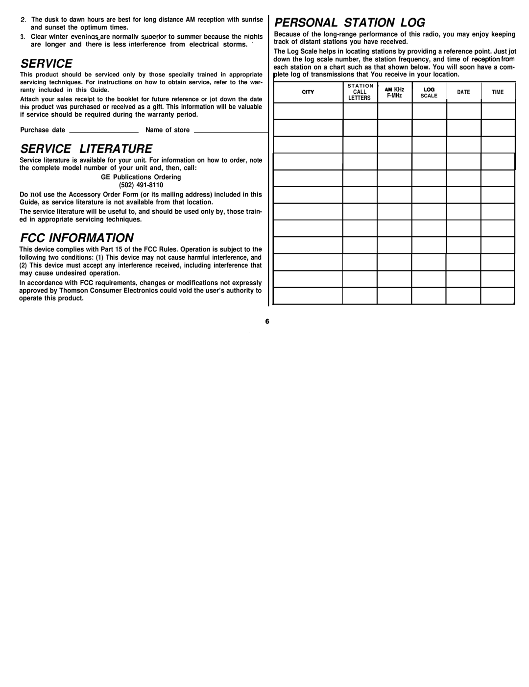 GE 7-2867 manual Service Literature, FCC Information, Personal Station LOG, Citv 