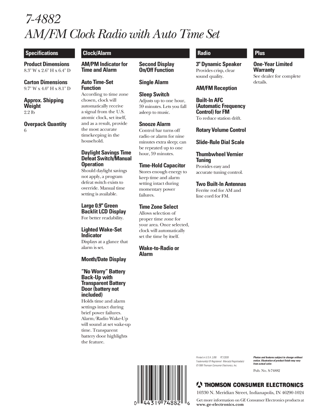 GE 7-4882 manual Specifications, Clock/Alarm, Radio RadioPlus 