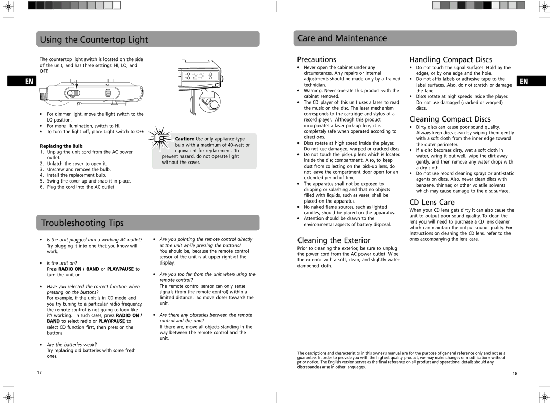 GE 7-5400 user manual Using the Countertop Light Care and Maintenance, Troubleshooting Tips 