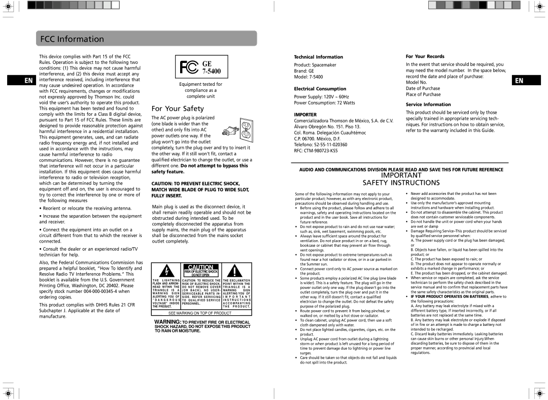 GE 7-5400 user manual FCC Information, For Your Safety, Importer, Fully Insert 