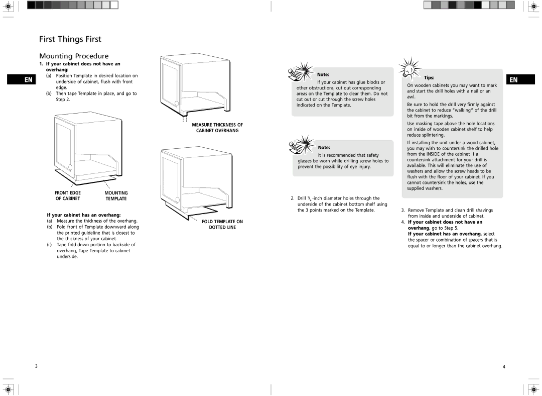 GE 7-5400 user manual Mounting Procedure, Measure Thickness Cabinet Overhang, Fold Template on Dotted Line 