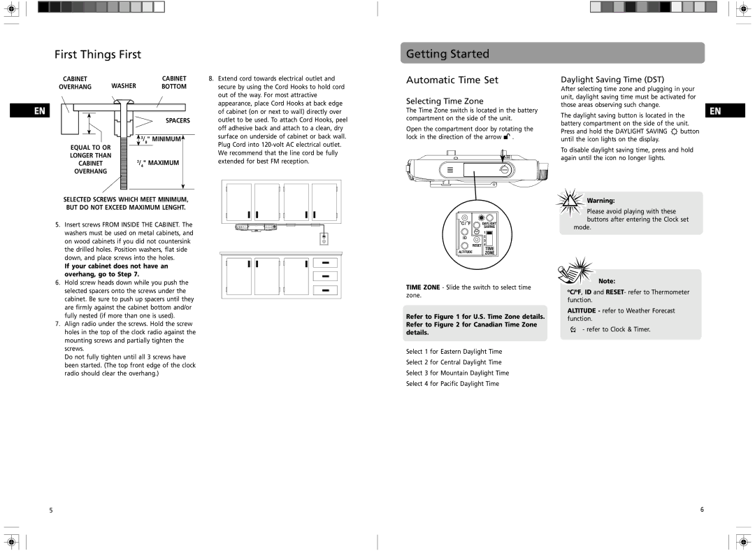 GE 7-5400 user manual Getting Started, Automatic Time Set, Selecting Time Zone, Daylight Saving Time DST 