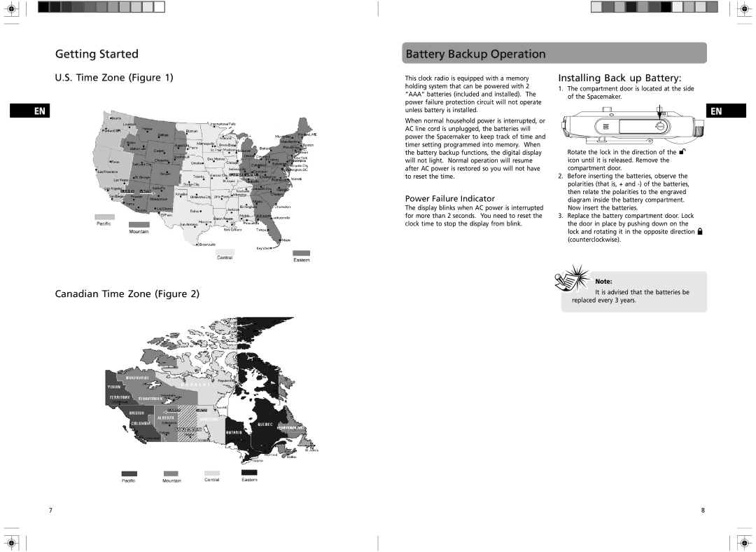 GE 7-5400 user manual Battery Backup Operation, Time Zone Figure Canadian Time Zone Figure, Installing Back up Battery 