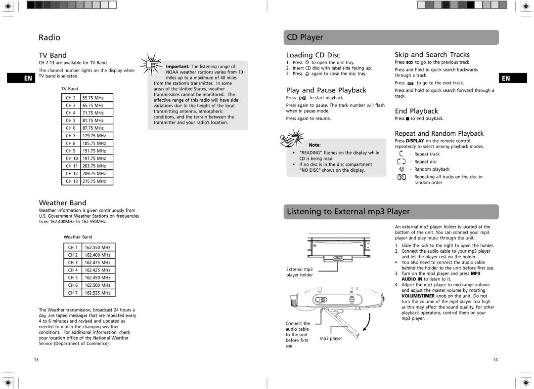 GE 7-5400 user manual Radio CD Player, Listening to External mp3 Player 