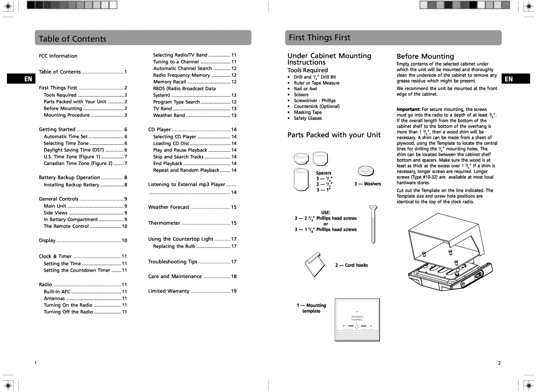 GE 7-5400 Table of Contents, First Things First, Under Cabinet Mounting Instructions, Parts Packed with your Unit 