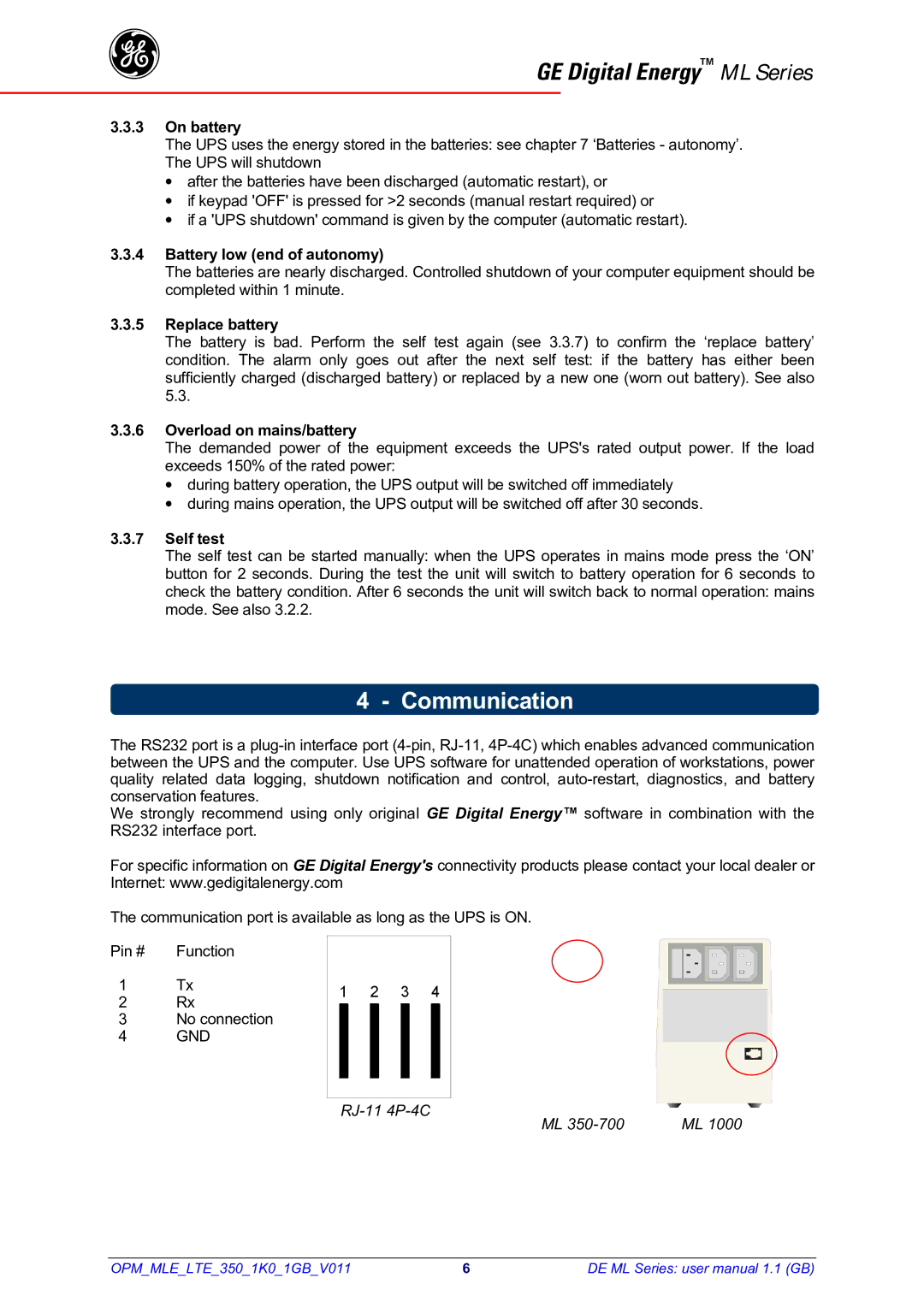 GE 500, 700, 1000 VA, 350 manual Communication 