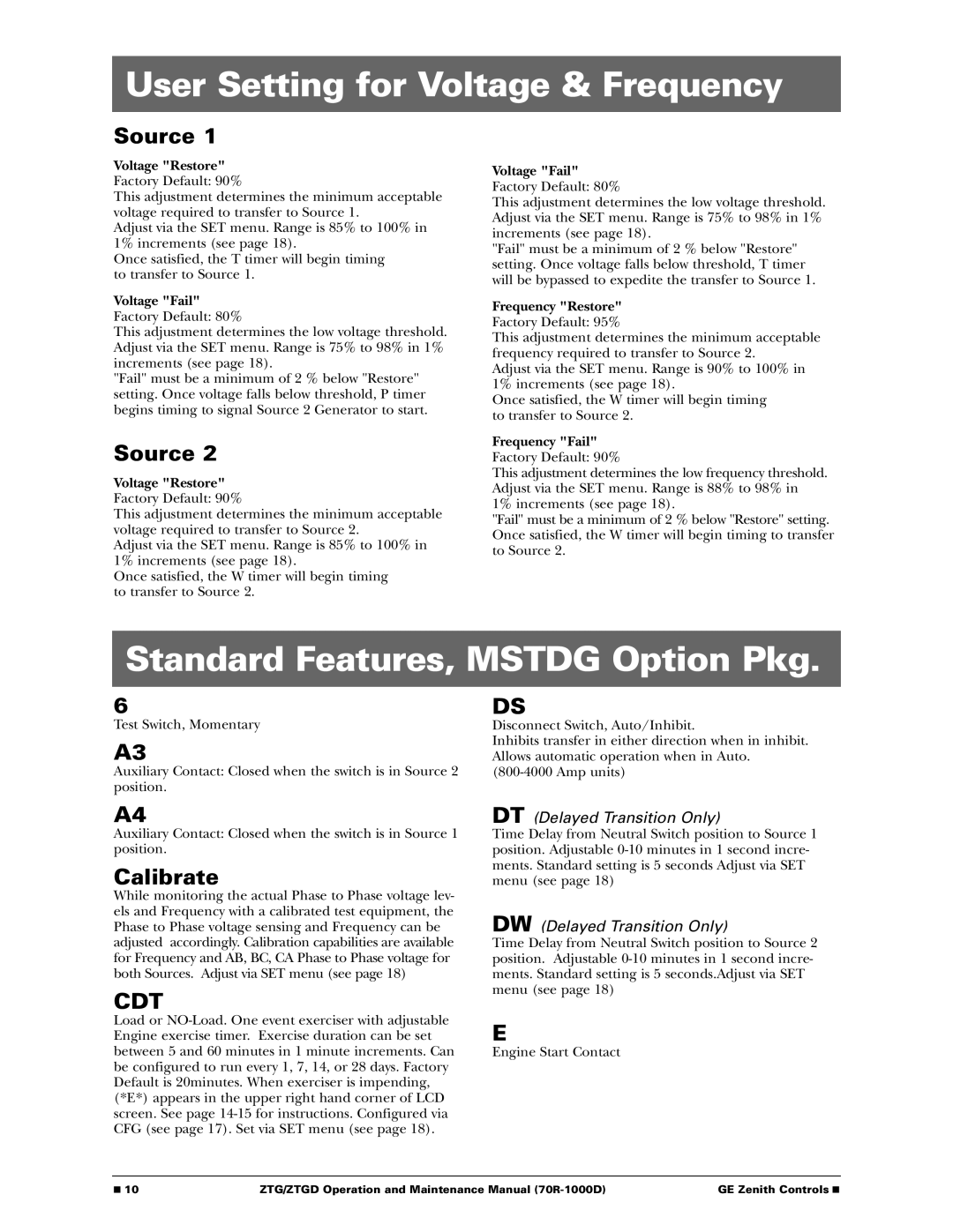 GE 70R-1000D manual User Setting for Voltage & Frequency, Standard Features, Mstdg Option Pkg, Source, Calibrate 